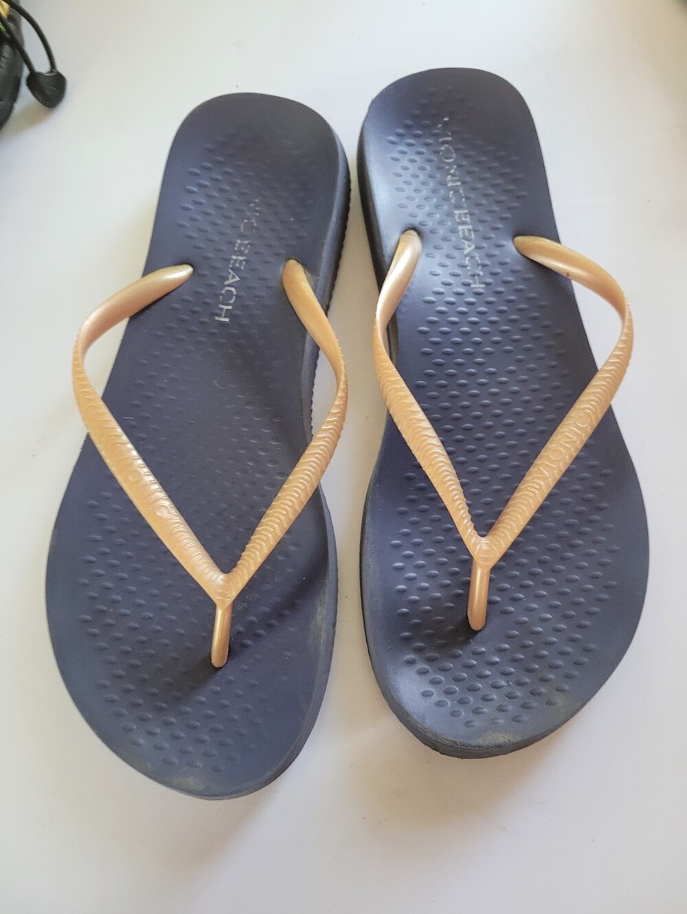 Vionic 9 Navy Flip Flops with Golden Tan Straps